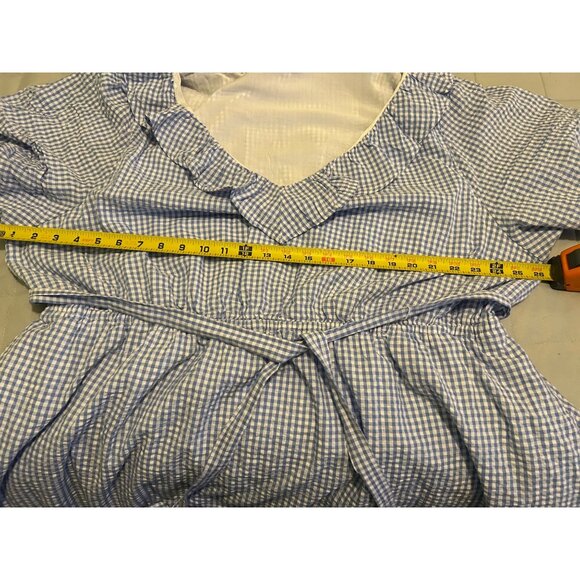 Draper James RSVP 3X Blue Gingham Ruffle V-Neck Belted Fit & Flare Dress Puff Sl - Picture 3 of 14